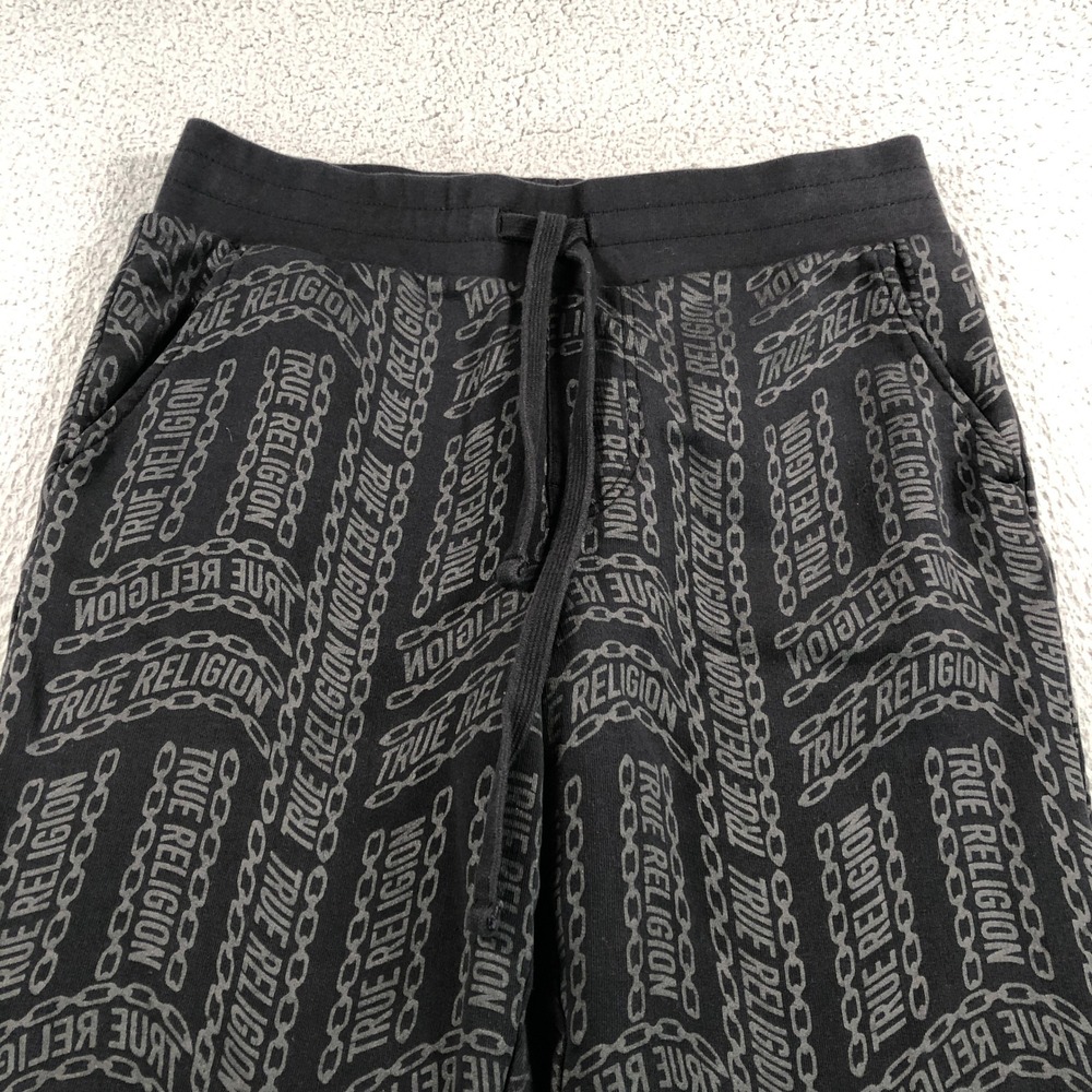 True‎ Religion Pants Mens Small Black AOP Graphic Jogger Sweatpants Chains Logo